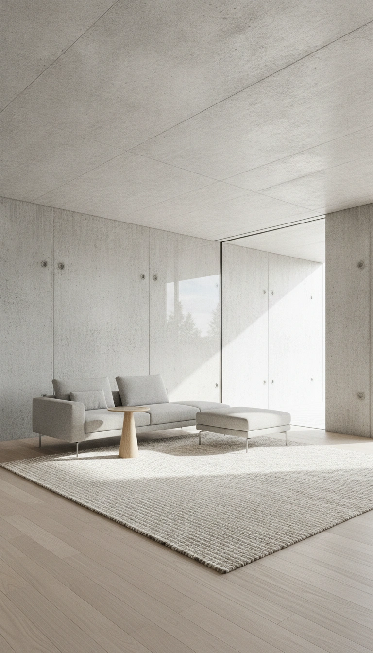 A modern living area featuring a neutral scandinavian rug softening exposed concrete walls and timber flooring.