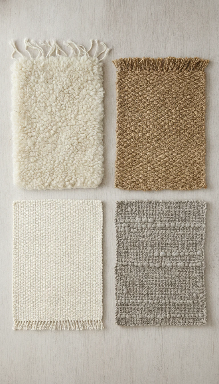 Close-up of natural wool, jute, organic cotton, and linen rug fiber samples used in neutral scandinavian rugs.