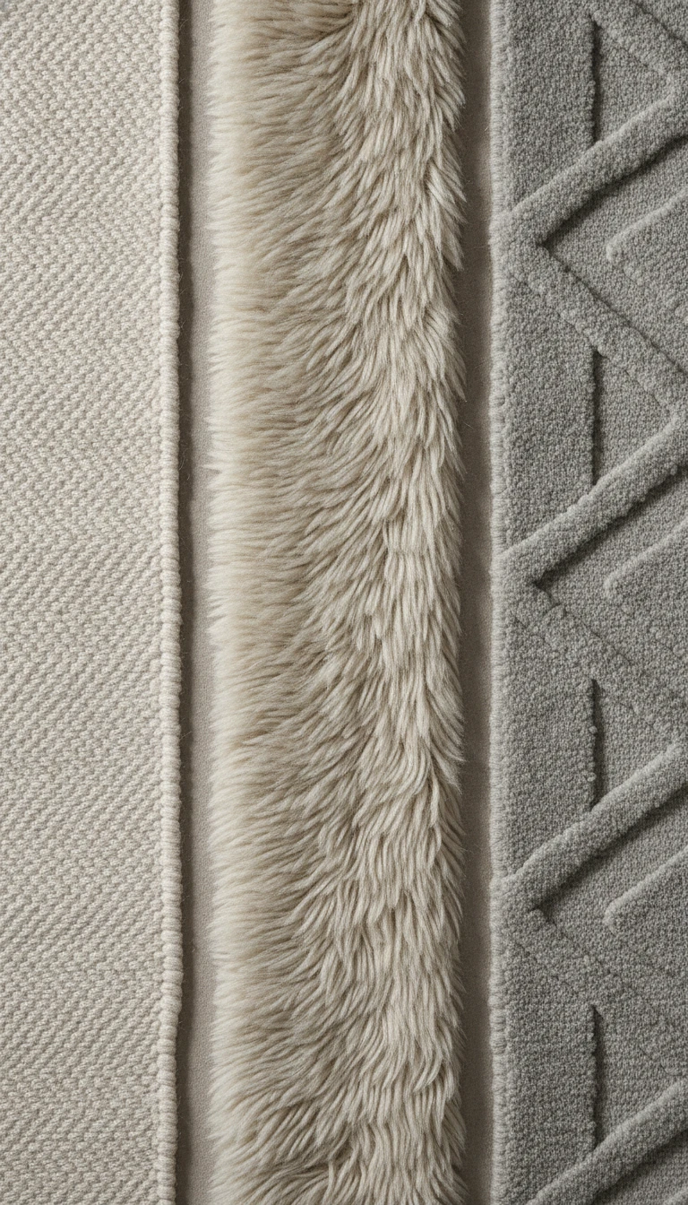 A detail shot showing flatweave, high-pile rya, and tufted neutral scandinavian rug textures.