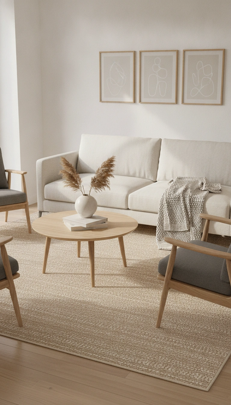 Modern sofa with front legs resting on a large beige neutral scandinavian rug in an open lounge.