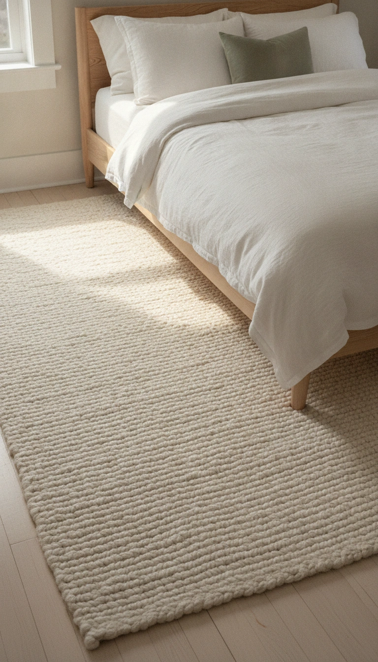 A large neutral scandinavian rug placed under the lower two-thirds of a wood bed frame in a peaceful bedroom.