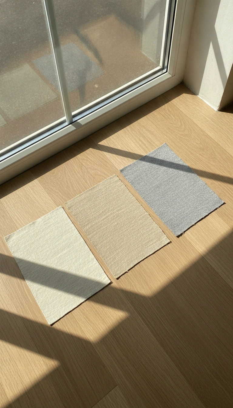 Color palette comparison of cream, beige, and gray neutral scandinavian rugs laid against pale floorboards.