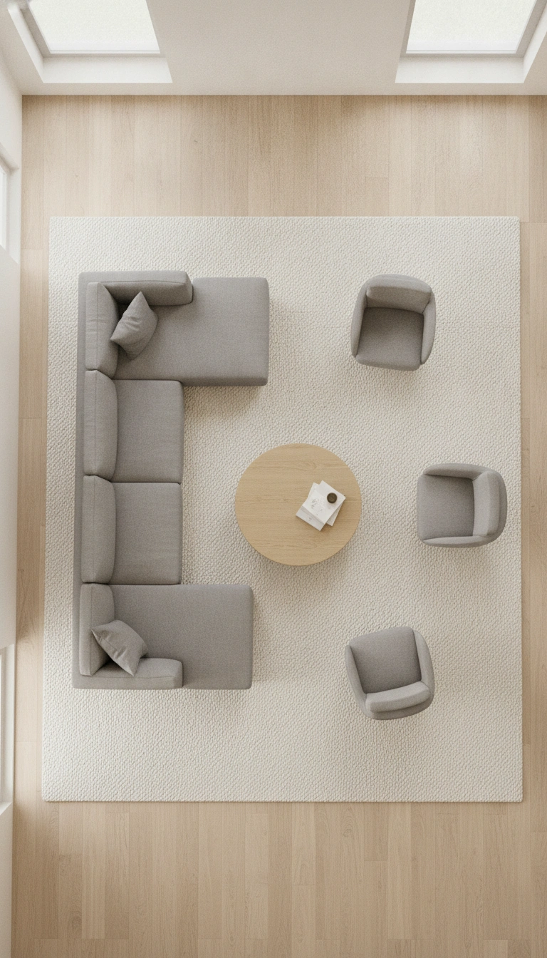 Architectural top-down view showing proper size margins for neutral scandinavian rugs around living room furniture.