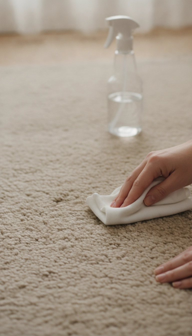 A hand gently blotting a spill on a light neutral scandinavian rug with a clean white cloth.