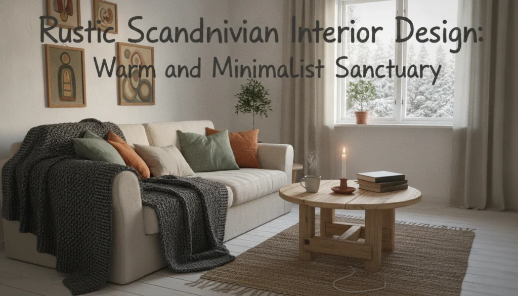 A warm, sunlit living room corner showcasing authentic rustic scandinavian interior design with a wooden bench and a soft wool throw blanket.