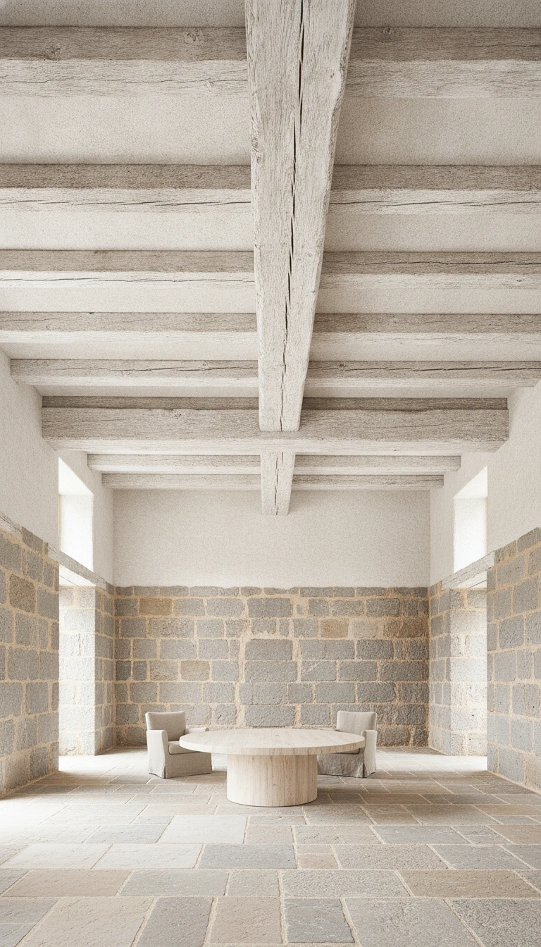 A bright room with high ceilings, weathered timber beams, and raw stone textures.