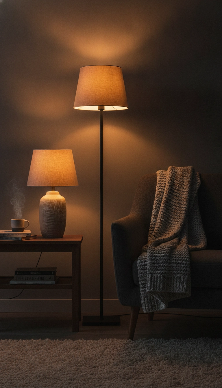 A cozy room corner illuminated by a slender floor lamp and a small table lamp.