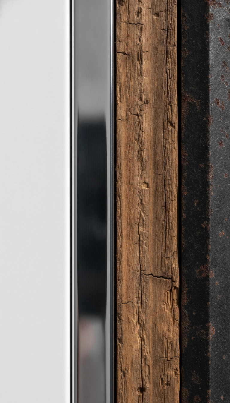 A side-by-side comparison of a smooth white plastic surface next to a weathered, patinated piece of wood.
