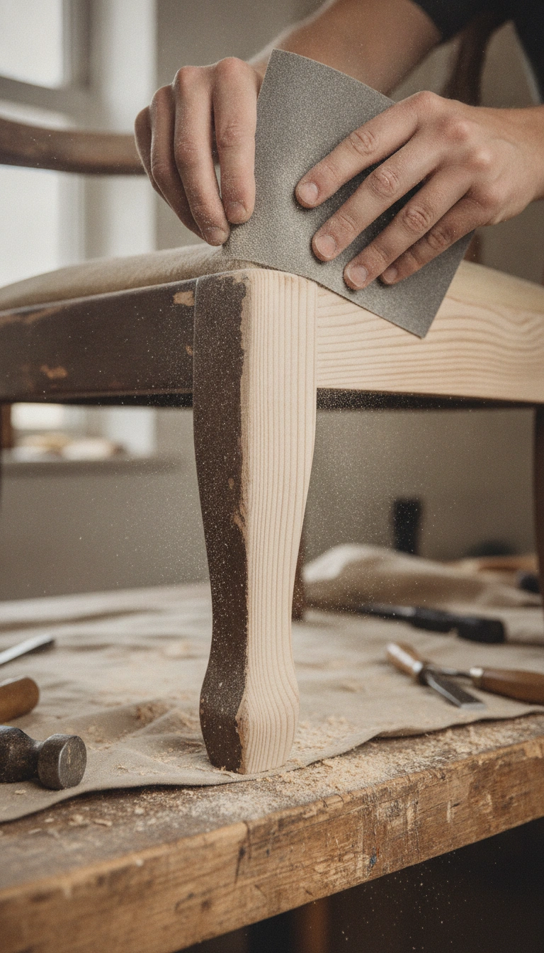 Hands sanding down an old dark wooden chair to reveal the light natural grain beneath.