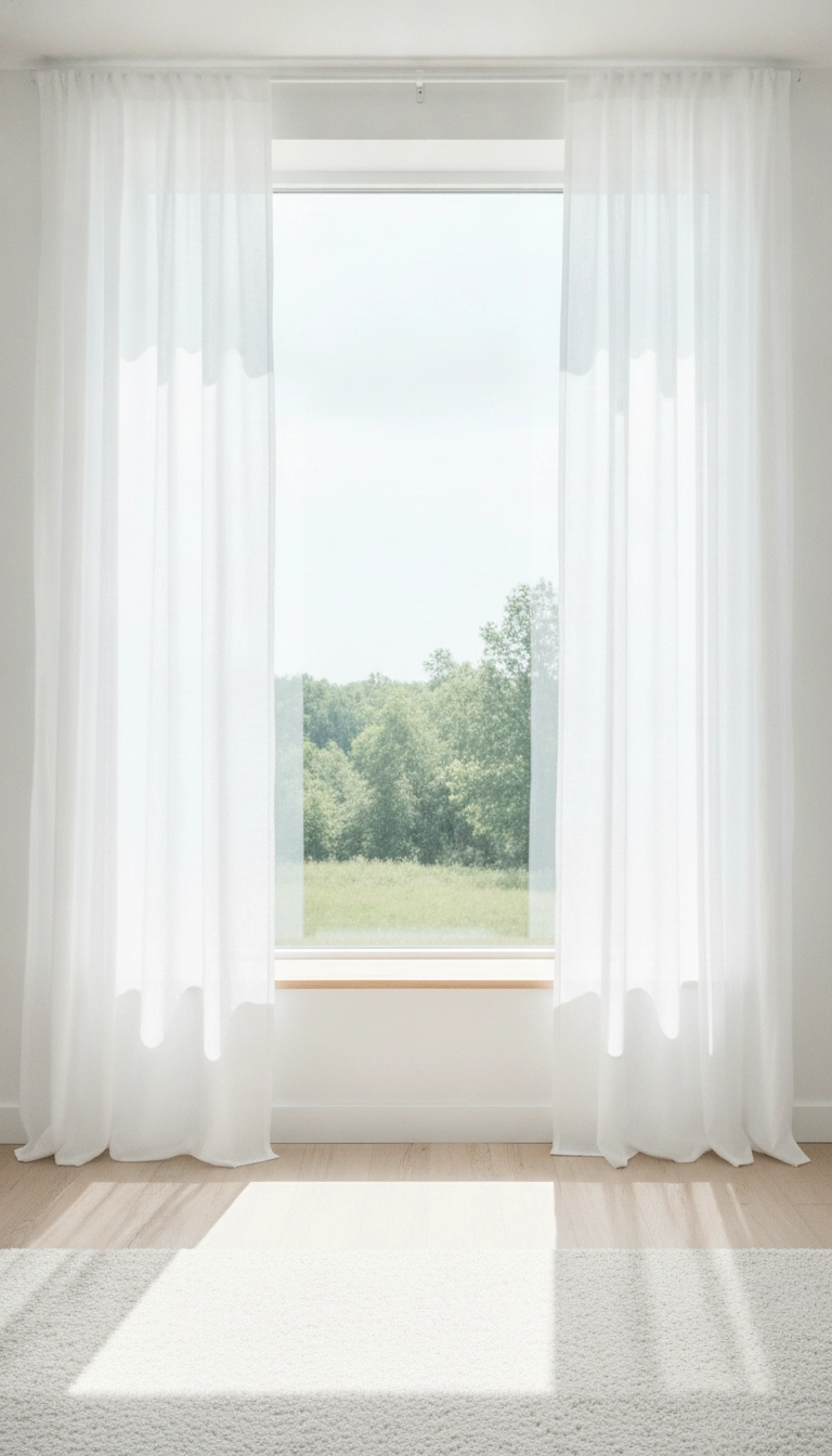 A large, unblocked window framed by sheer linen curtains letting in bright natural light.