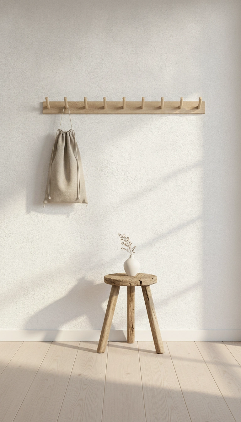 A simple and serene entryway designed in a rustic Scandinavian style with a wooden stool and peg rail.