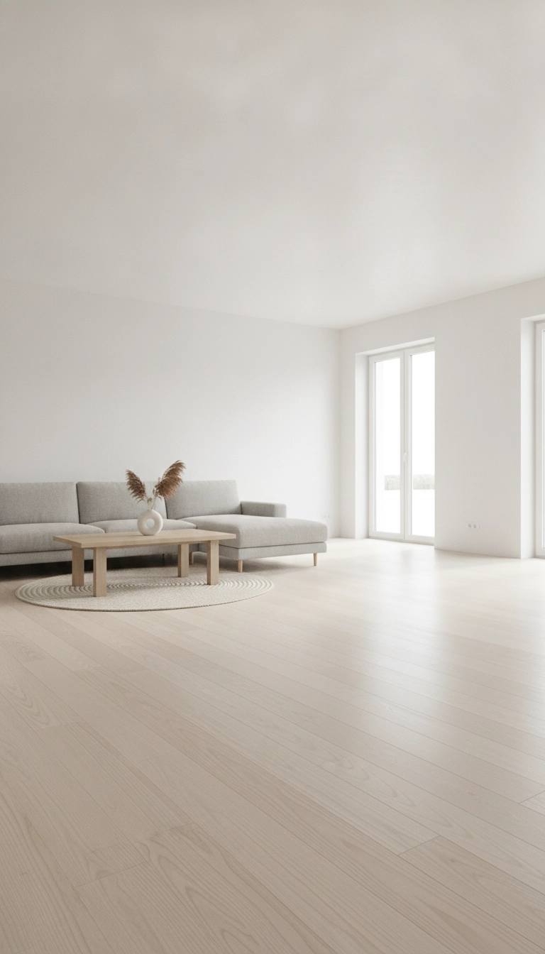 An open-concept Scandinavian living area with minimal low-profile furniture and clear pathways.
