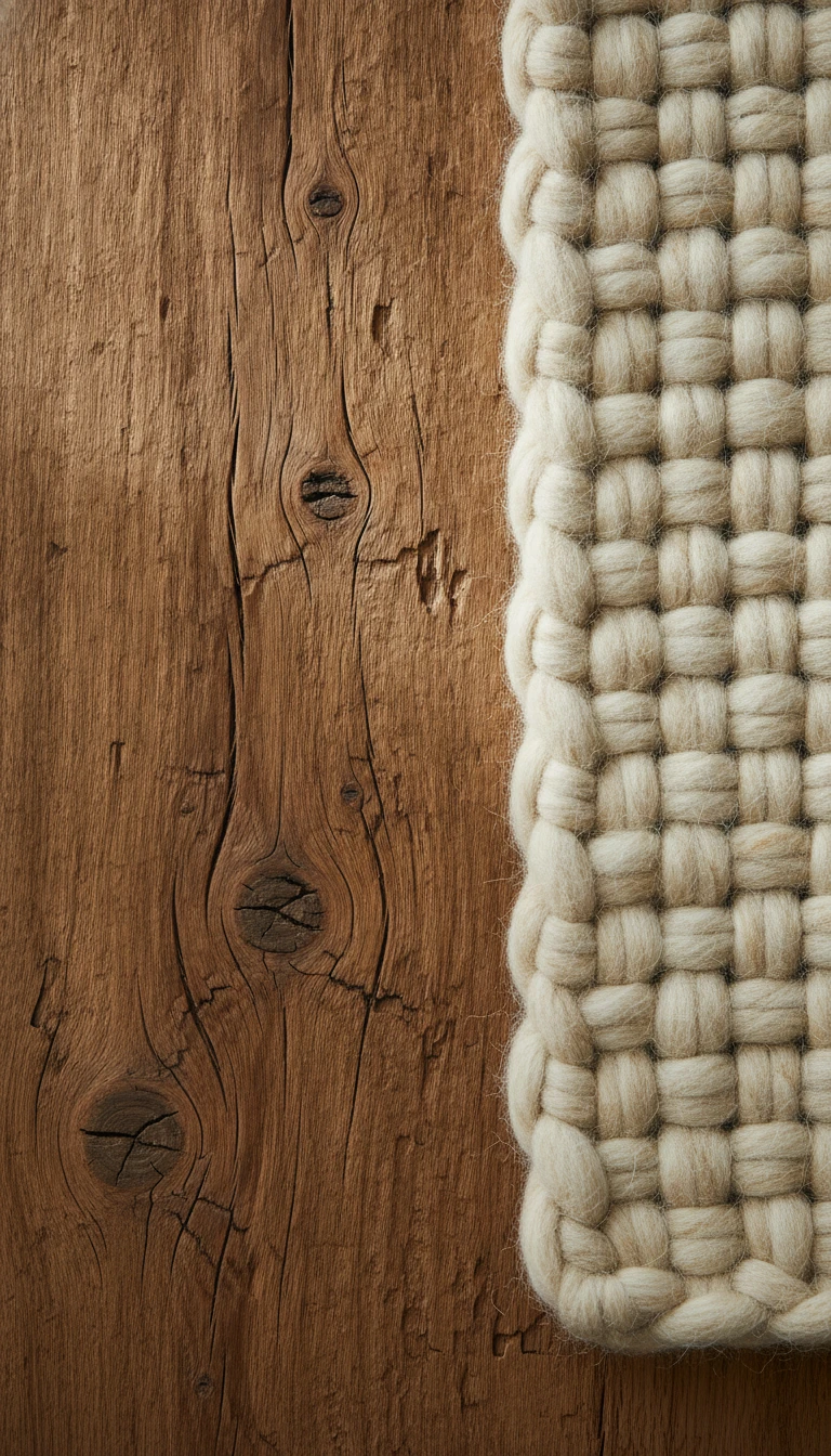A close-up showing the texture of solid oak wood grain next to a chunky undyed wool blanket.