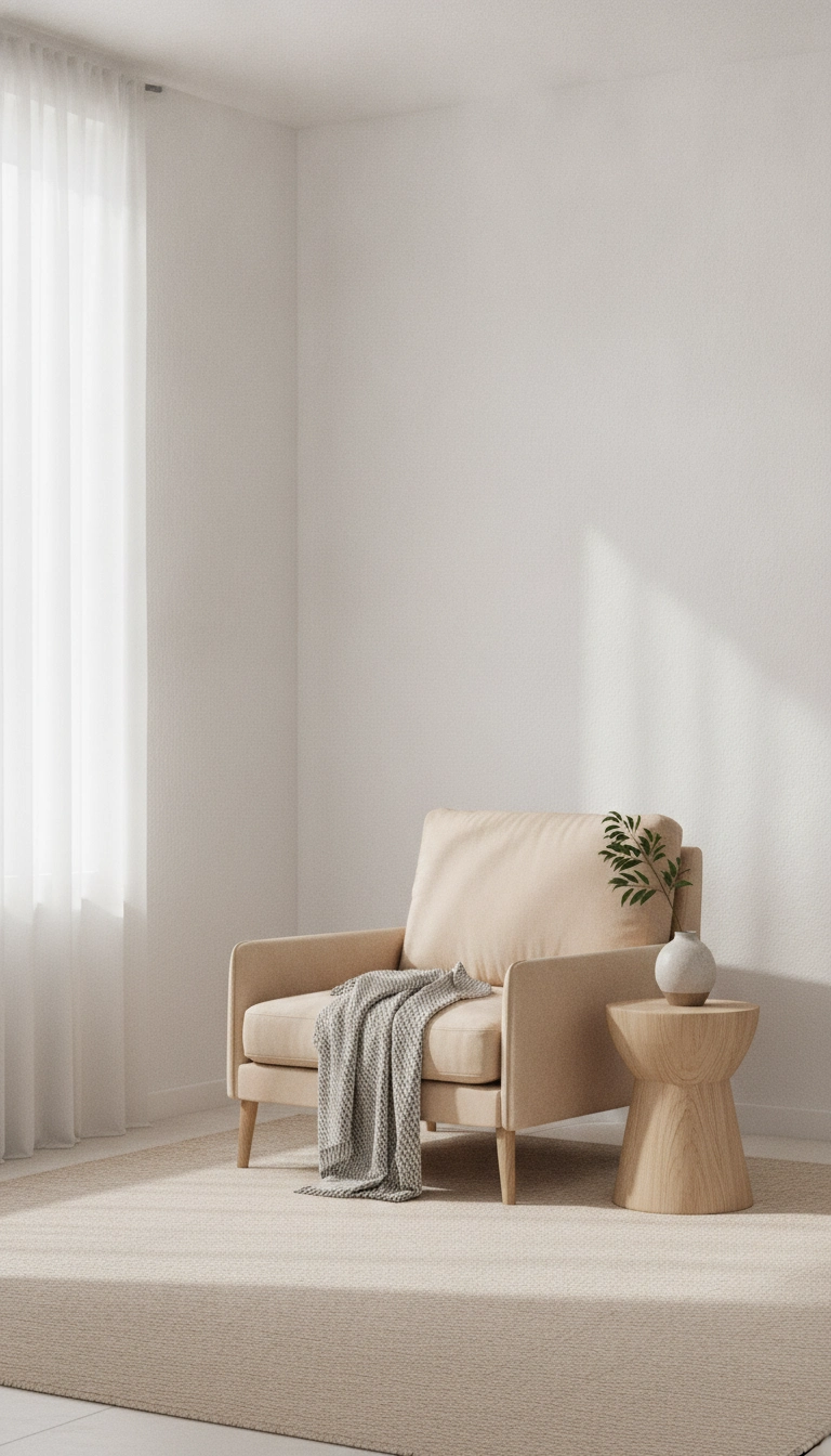 A bright room painted in chalky white with pale sand textiles and a touch of muted green.
