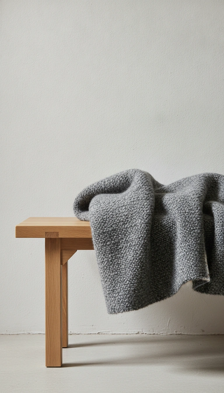 A simple wooden bench with a heavy, woven wool cloth draped over its edge.