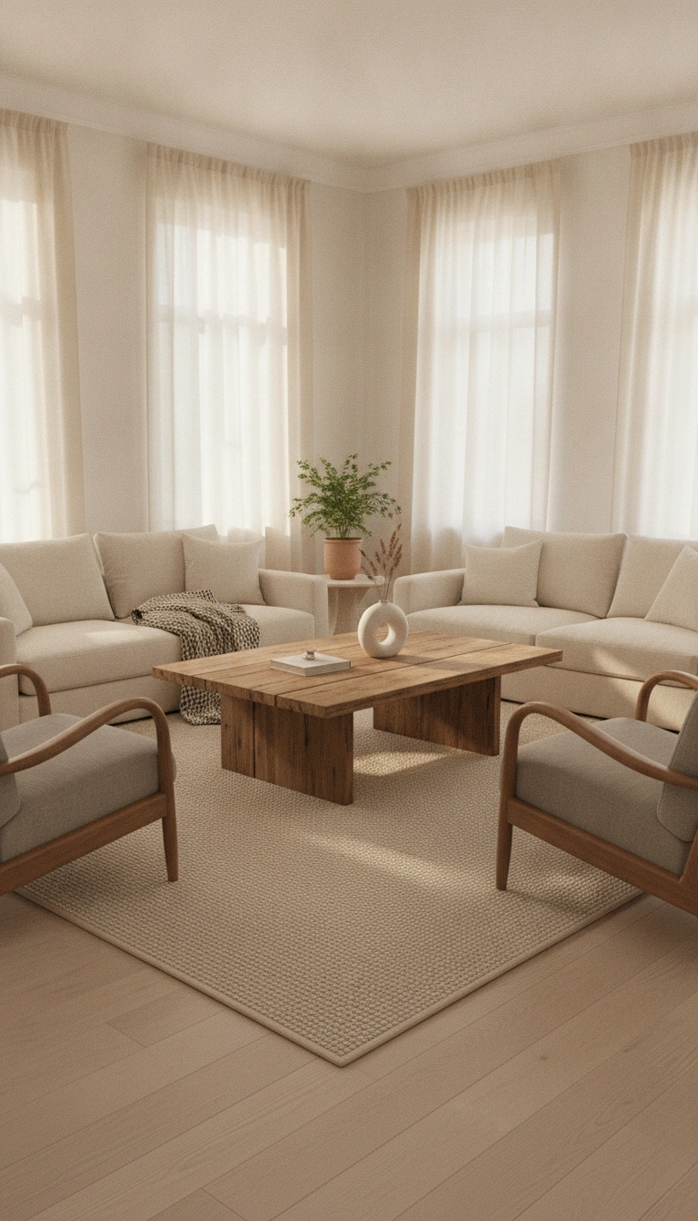 A spacious living room layout featuring a low timber coffee table and seating pulled away from the walls.
