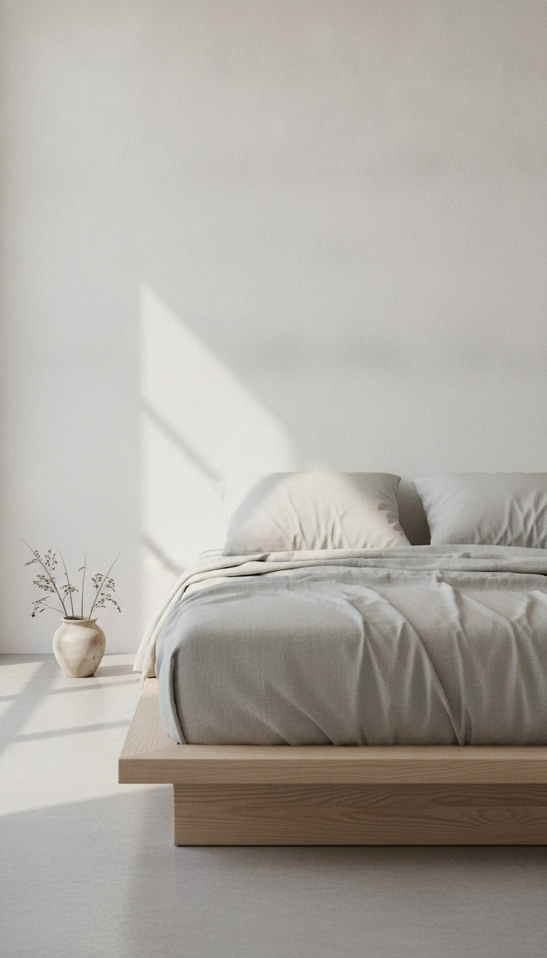 A minimalist Scandinavian bedroom with a low pale ash platform bed and textured linen sheets.