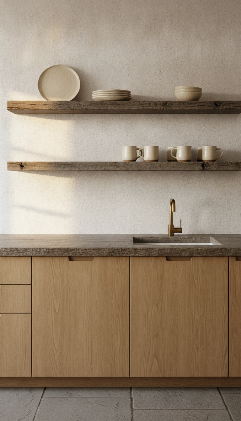 A kitchen featuring flat-panel oak cabinets and open reclaimed timber shelves with ceramic stoneware.
