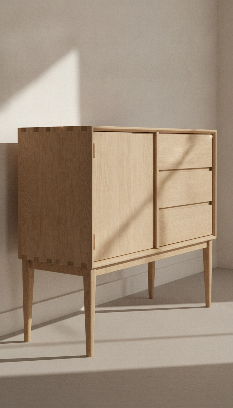 A wooden sideboard with slender, tapered legs showing honest joinery details.