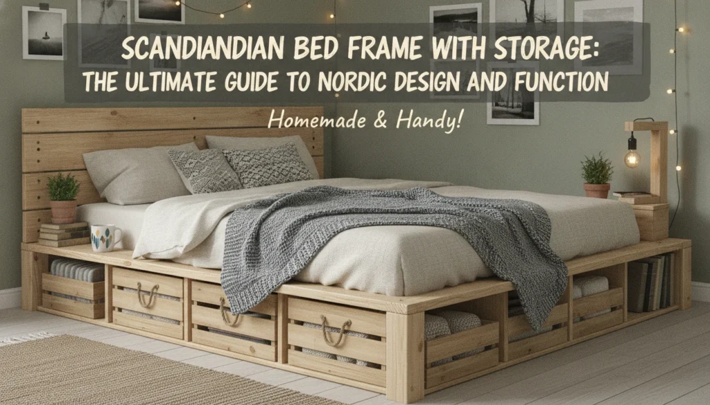 A wooden scandinavian bed frame with storage drawers slightly open in a cozy, naturally lit bedroom.