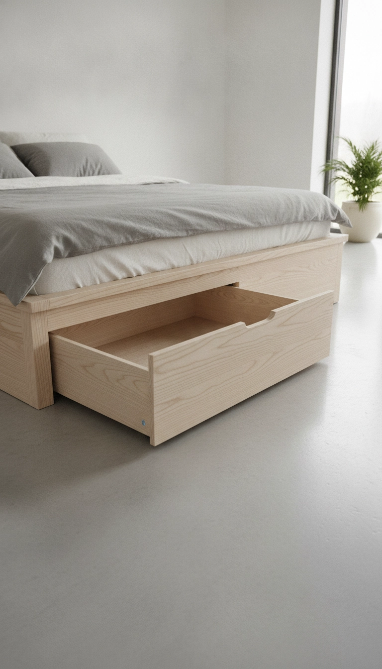 A low-profile wooden scandinavian bed frame with storage drawers.