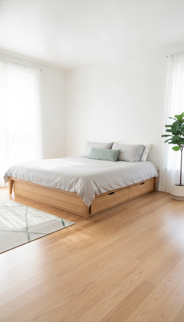 A minimalist bedroom made spacious by using a scandinavian bed frame with storage.