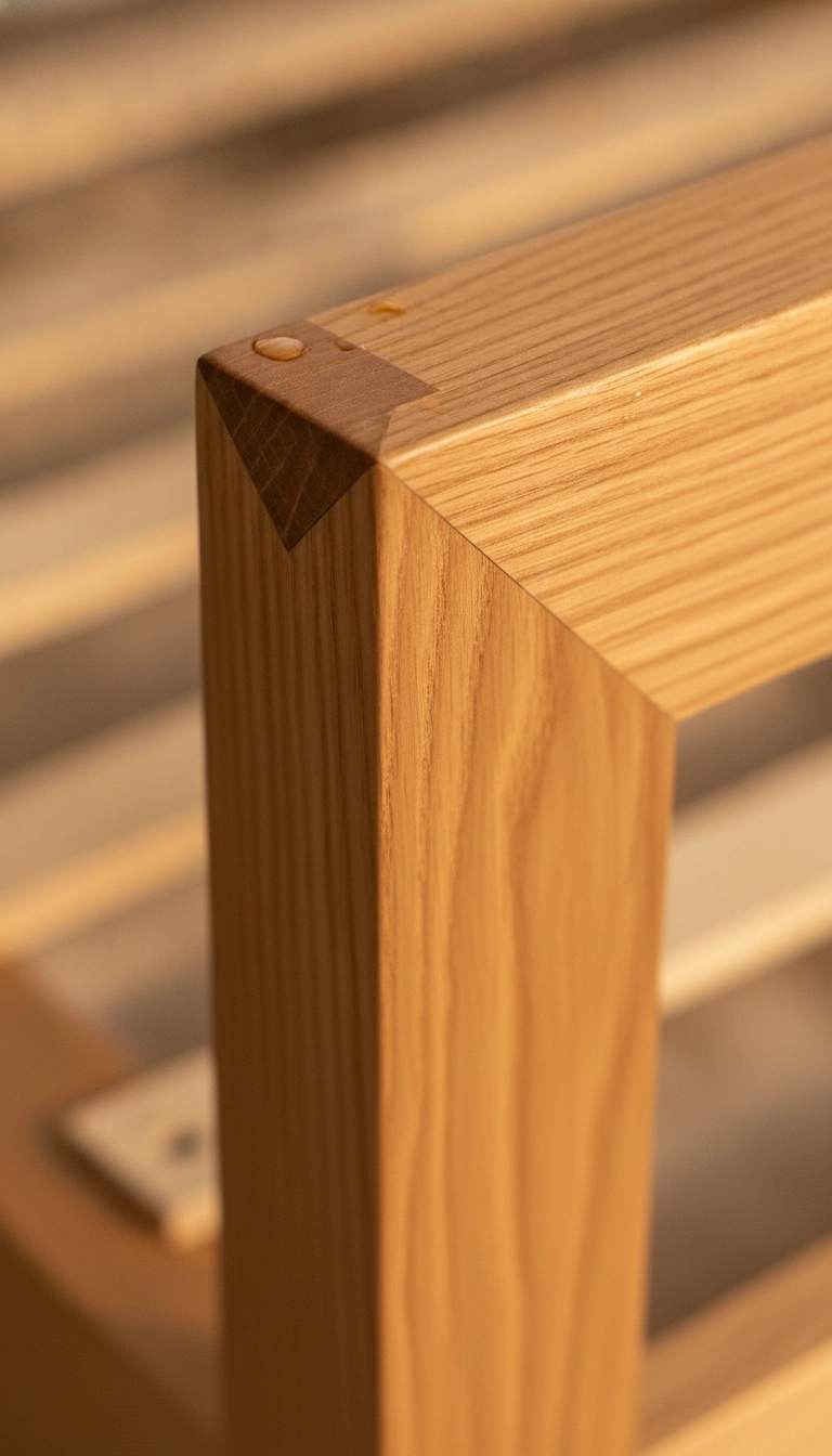 Close-up of high-quality wooden joinery on a scandinavian bed frame with storage.