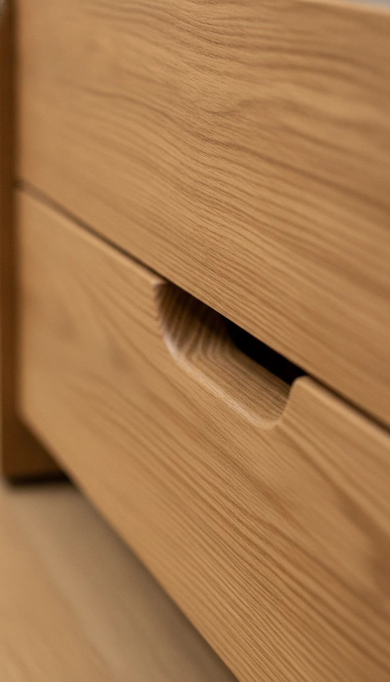 Recessed handle carved into the wood of a scandinavian bed frame with storage.