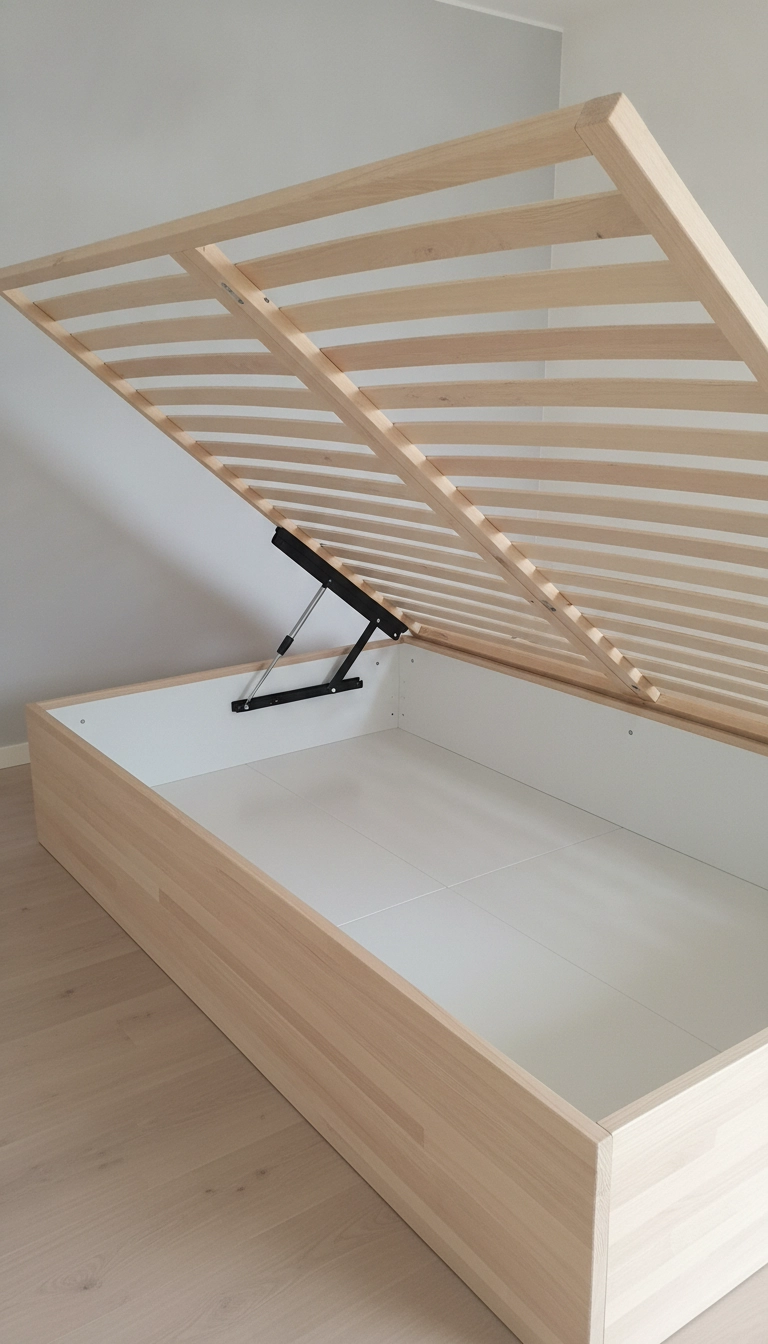 A hydraulic lift scandinavian bed frame with storage showing the mattress raised.