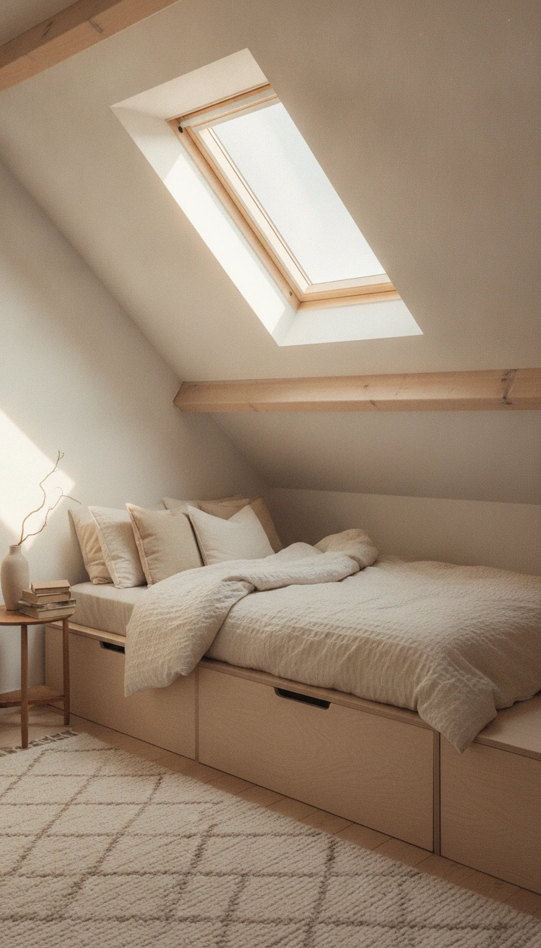 Small bedroom layout featuring a low scandinavian bed frame with storage.