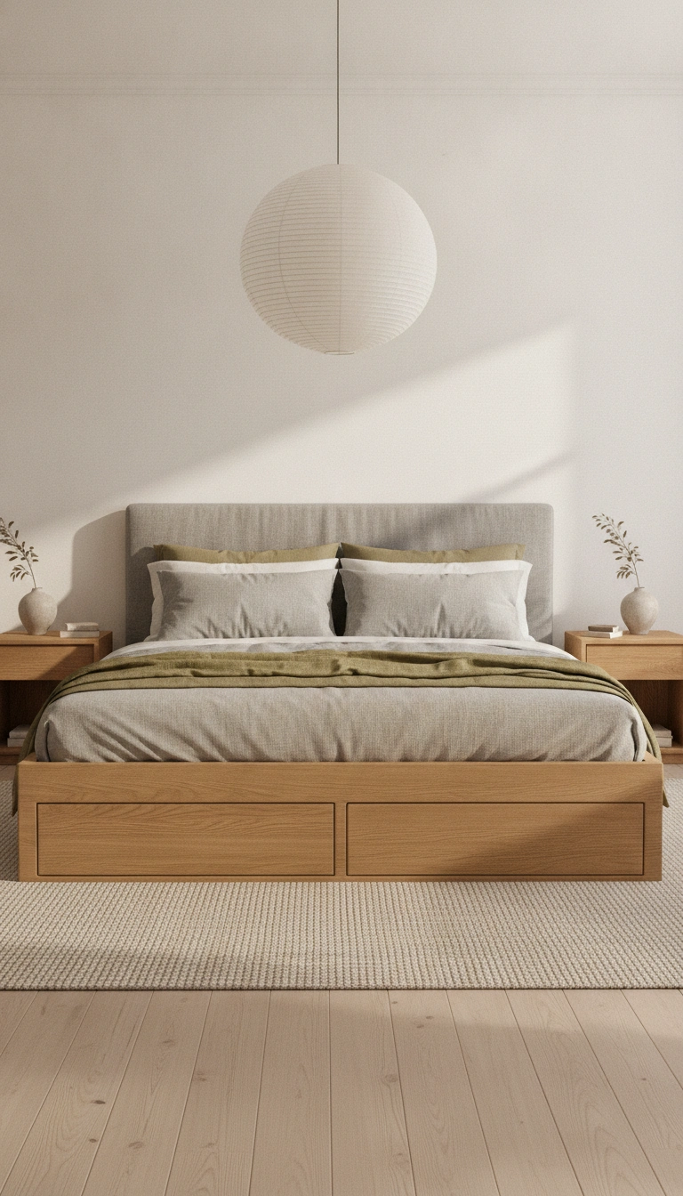 Peaceful bedroom featuring a clean scandinavian bed frame with storage.