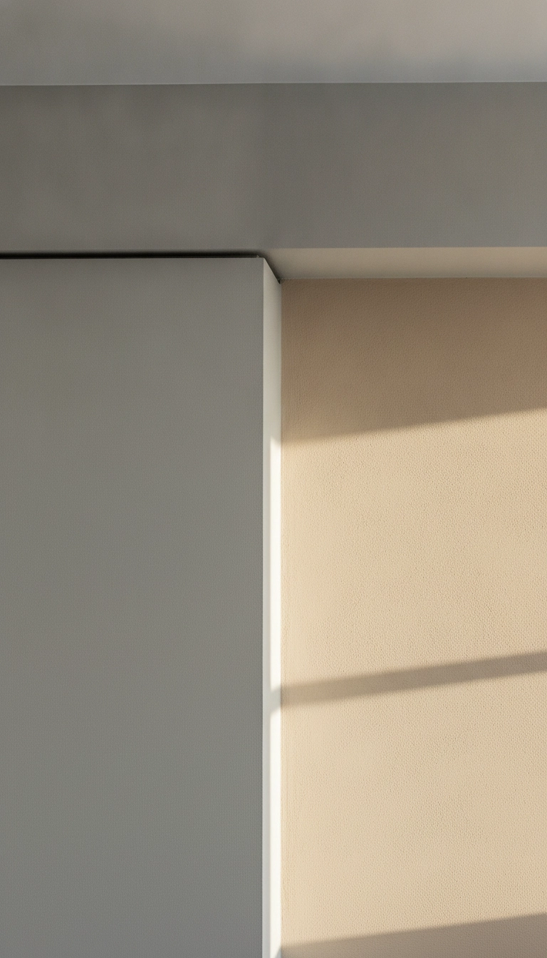 Warm sand wall paint adjacent to a cool slate grey trim in a bright room with low-chroma neutral accents.