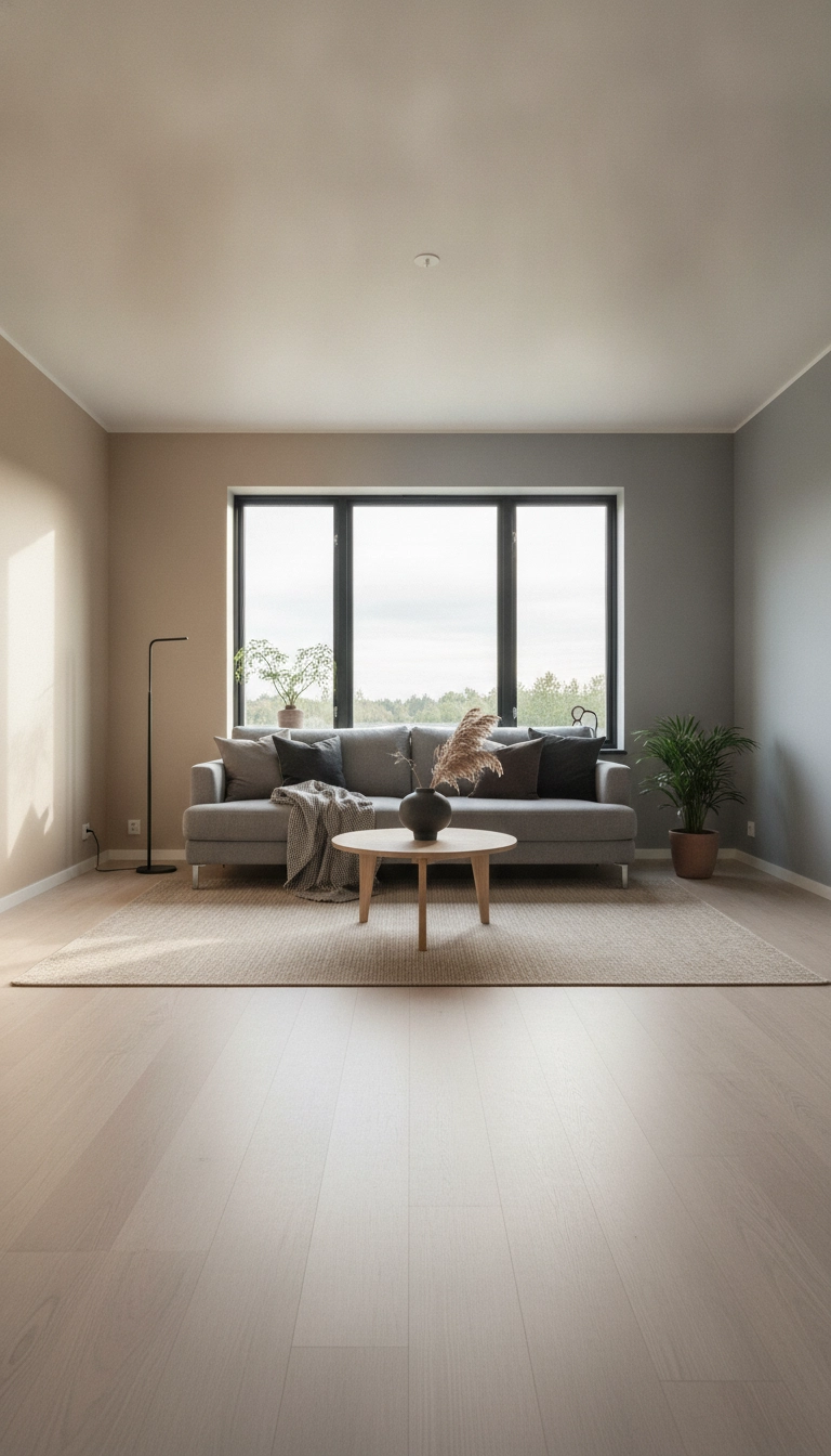 Soft afternoon light casting gentle shadows across a room decorated in beige wool and cool grey furniture.