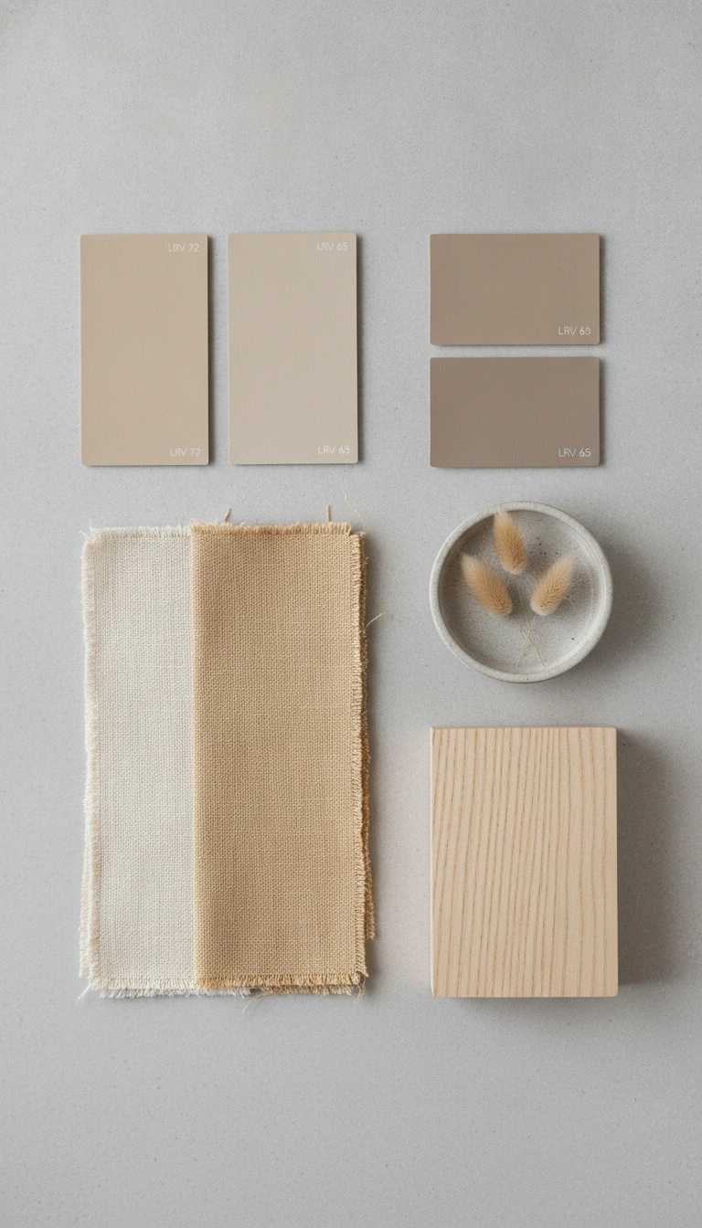 A collection of oatmeal, honey, and mushroom beige paint swatches held against an interior plaster wall.