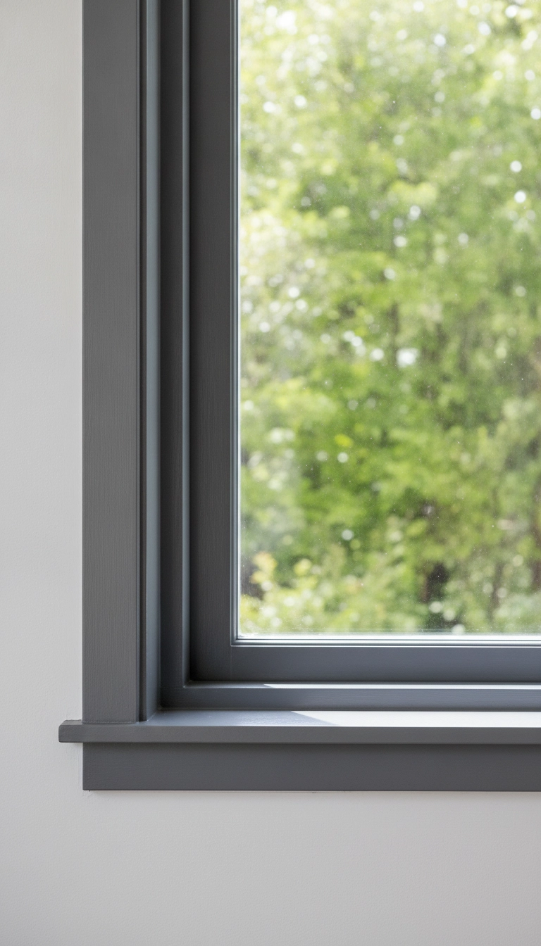 A charcoal grey window sash framing outdoor greenery alongside soft dove grey baseboards.