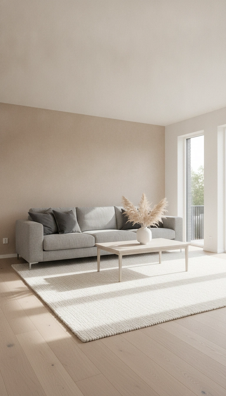 An ash grey sofa set against a sand beige wall with a pale wool rug over light oak hardwood flooring.