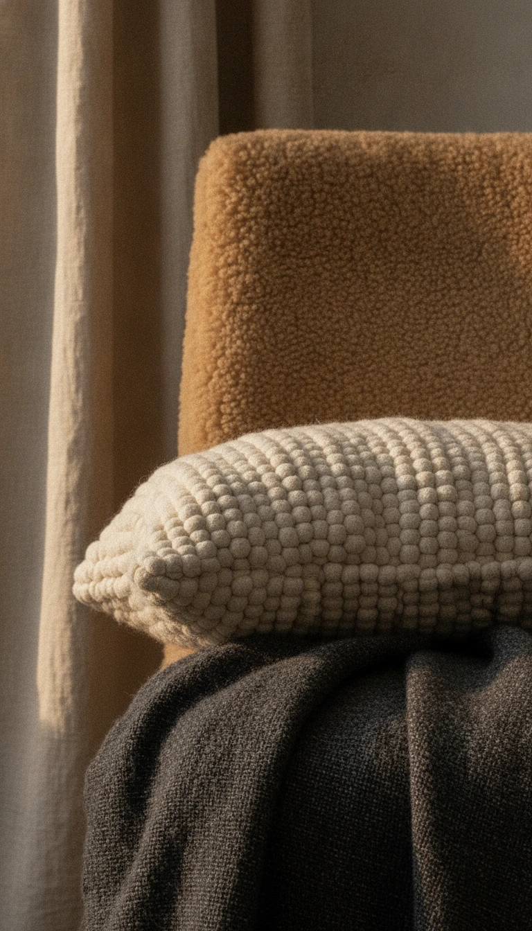 Close-up of a chunky grey bouclé pillow on a beige raw linen armchair with a soft shearling throw.
