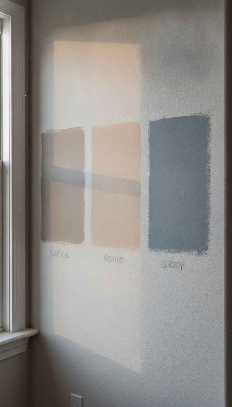 Paint swatches of transitional greige, soft beige, and mid-tone cool grey on a lit interior wall plane.