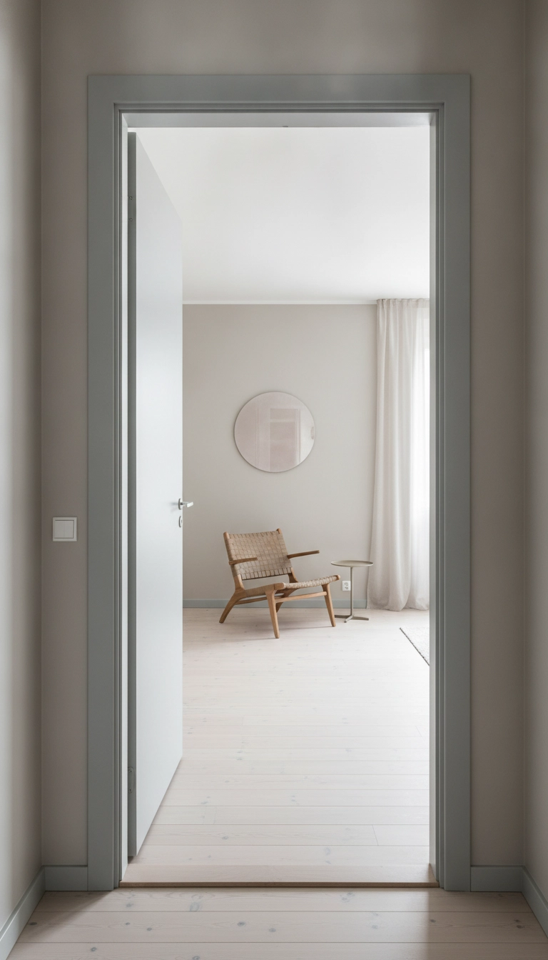 A tranquil Scandinavian hallway and room layout combining matte beige walls, satin grey trim, and natural wood.