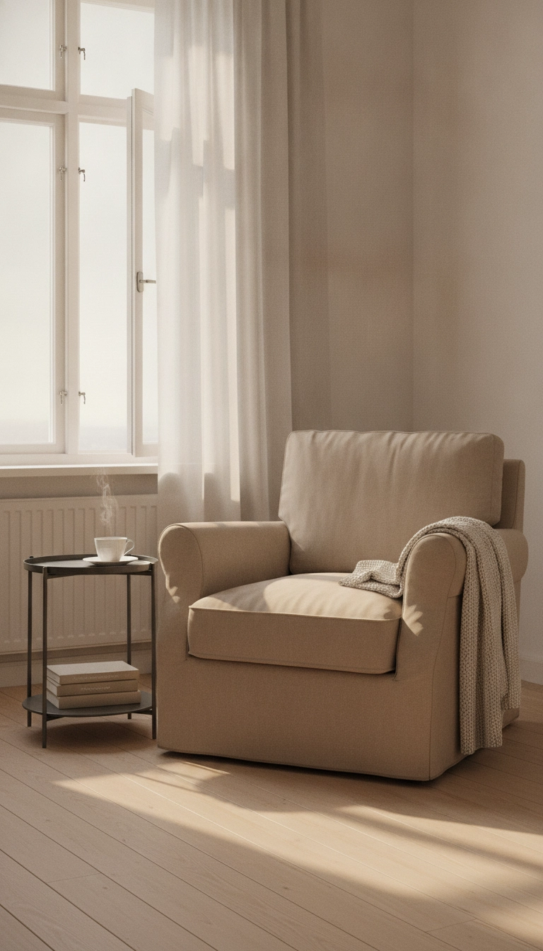 A sunlit reading corner with a comfortable beige armchair, grey side table, and soft natural light.