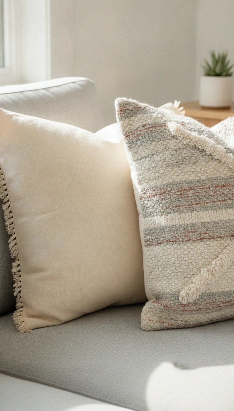 Styled scandinavian boho throw pillows showcasing a mix of smooth linen and chunky knit textures on a simple couch.