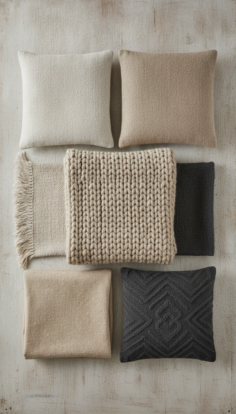 Flat lay of organic fabric swatches and pillow covers used for scandinavian boho throw pillows including linen, cotton, and wool.
