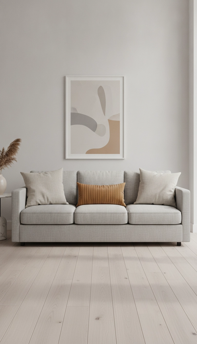 A three-cushion arrangement of scandinavian boho throw pillows displayed neatly on a neutral sofa.