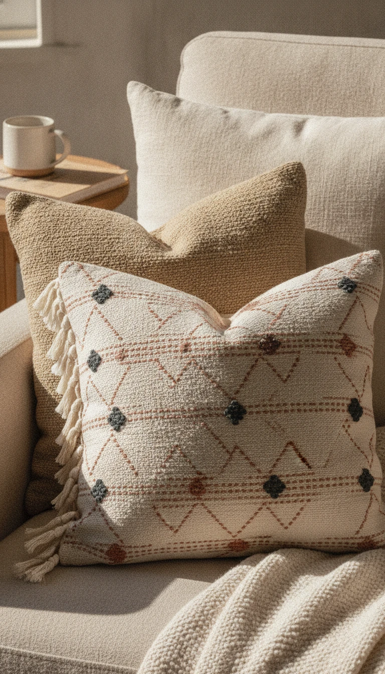 A muted geometric pattern pillow layered next to solid textured scandinavian boho throw pillows.