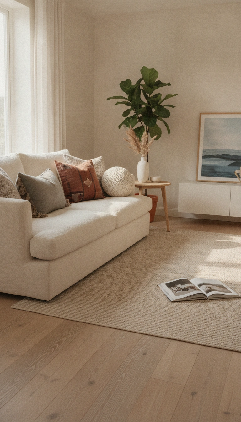 An inviting living room space anchored by scandinavian boho throw pillows on a comfortable sofa.