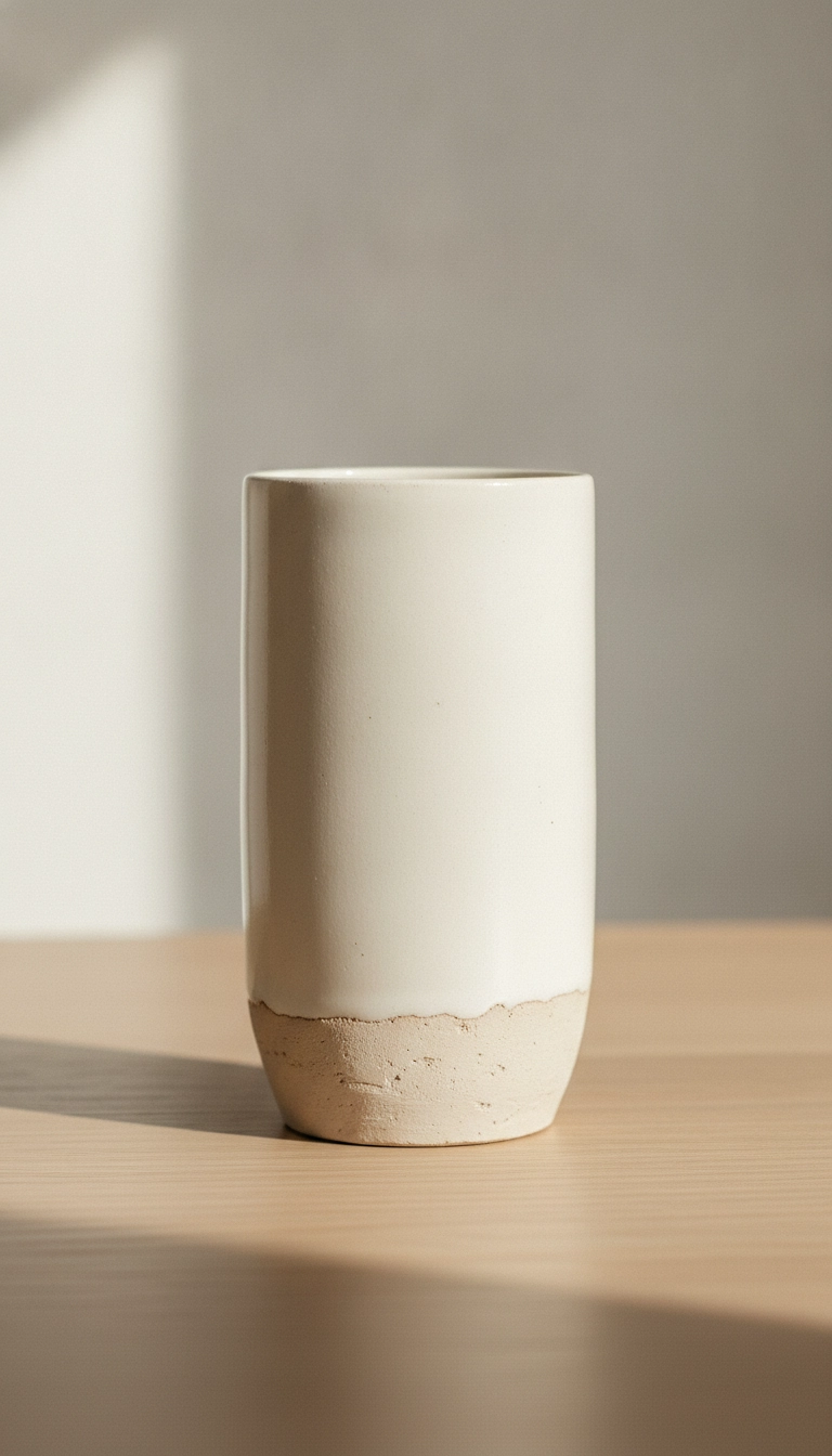 An off-white scandinavian ceramic cylinder vase with a matte glaze on a natural wood surface.