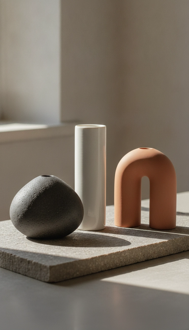 A collection of raw stoneware and terracotta ceramic vases showing distinct geometric and organic shapes.