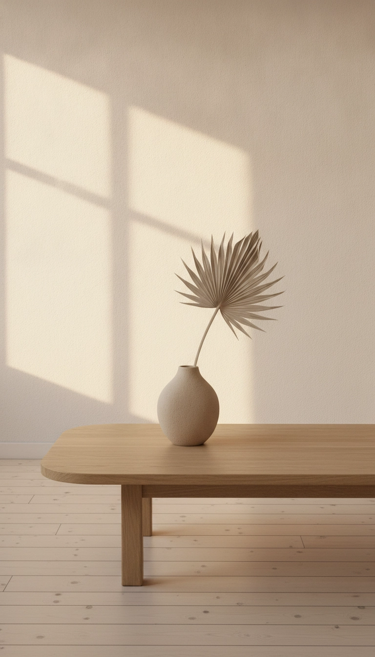 A beige minimal scandinavian ceramic vase holding a single dried palm branch in warm window sunlight.