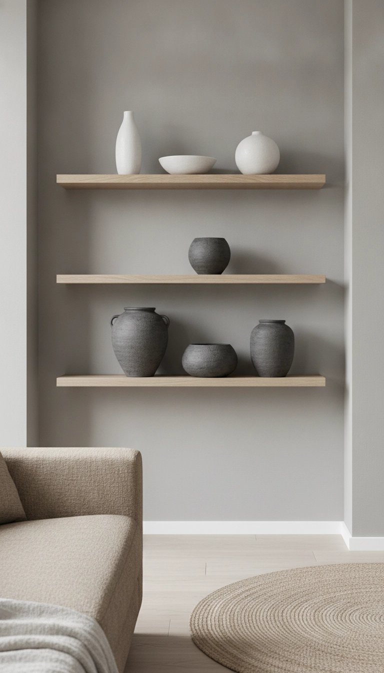 Open oak wall shelves decorated with scandinavian ceramic vases in muted sand and charcoal tones.