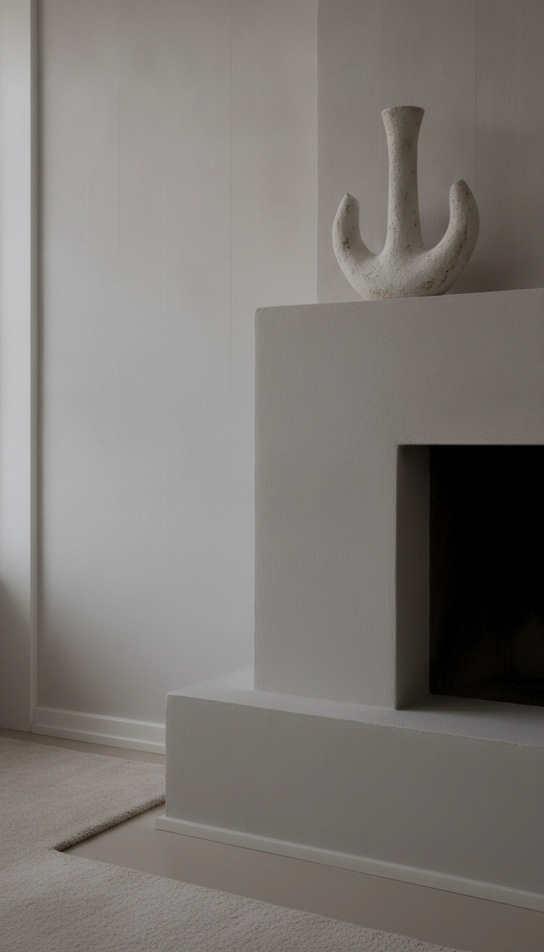 A single textured scandinavian ceramic vase standing alone on a modern fireplace mantel.